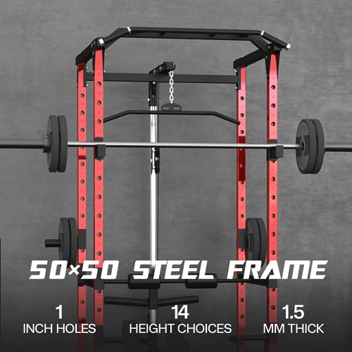 Power Cage with LAT Pulldown, 1500 Lbs Capacity Squat Rack for Home Gym