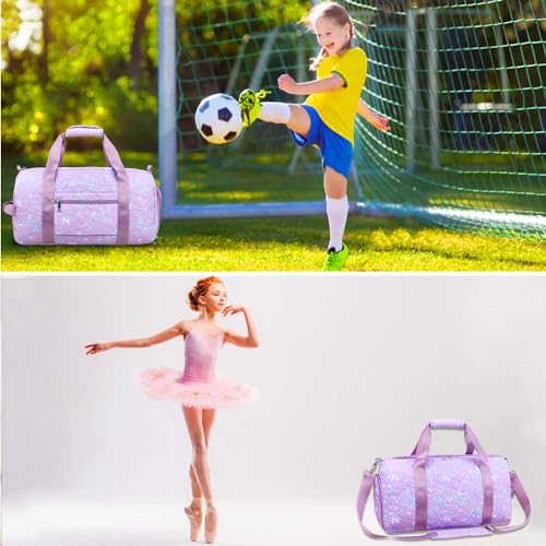 Girls Dance Gymnastics Duffle Bag with Shoe Compartment & Wet Pocket - Travel Overnighter Carry On for Teens