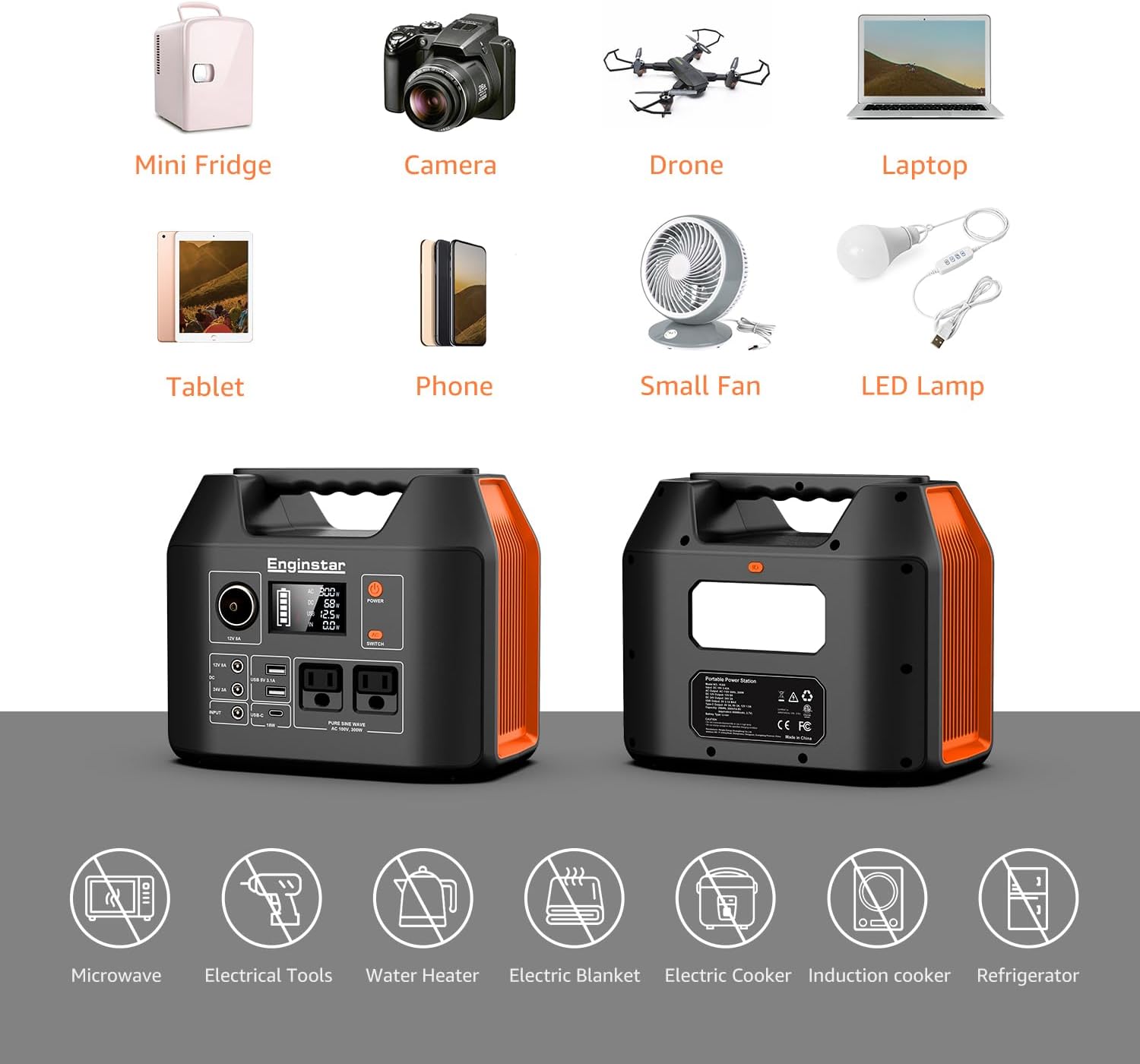 Portable Power Station, 300W 296Wh Battery Bank with 110V Pure Sine Wave AC Outlet for Outdoors Camping Hunting and Emergency, 80000mAh Backup Battery Power Supply for CPAP- Black Orange