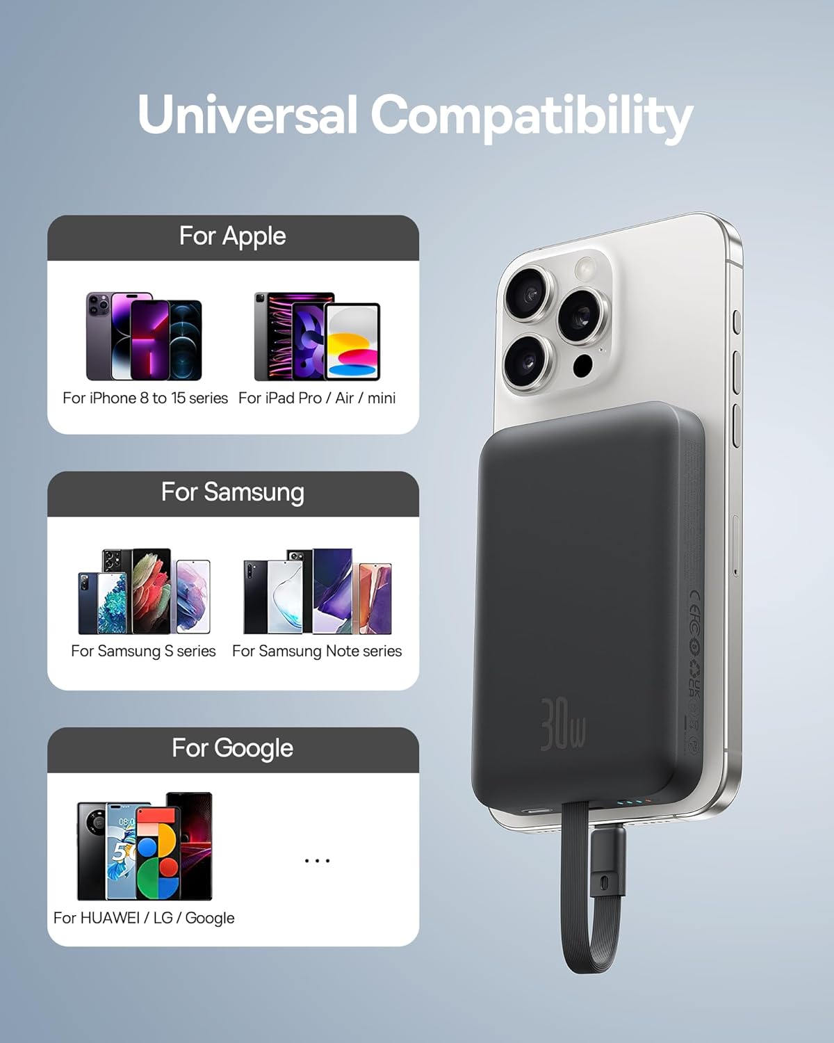 Magnetic Power Bank, 30W PD Fast Charging 10000mAh for Magsafe Battery Pack Built-in USB-C Cable (in&Out), Power Bank for iPhone 15 Pro Max, iPhone 15/15 Plus/15 Pro, Galaxy, iPad, Pixel, etc.